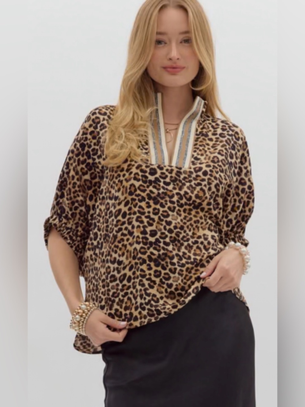 Entro Leopard Print Split-Neck Batwing Blouse - size small # 1309